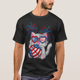 Camiseta Cat Basball American Usa Flag 4 De Julho