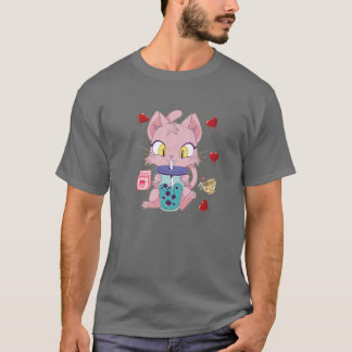 Camiseta Cat Boba Bubble Tea T Anime Kawaii Neko Strawberry