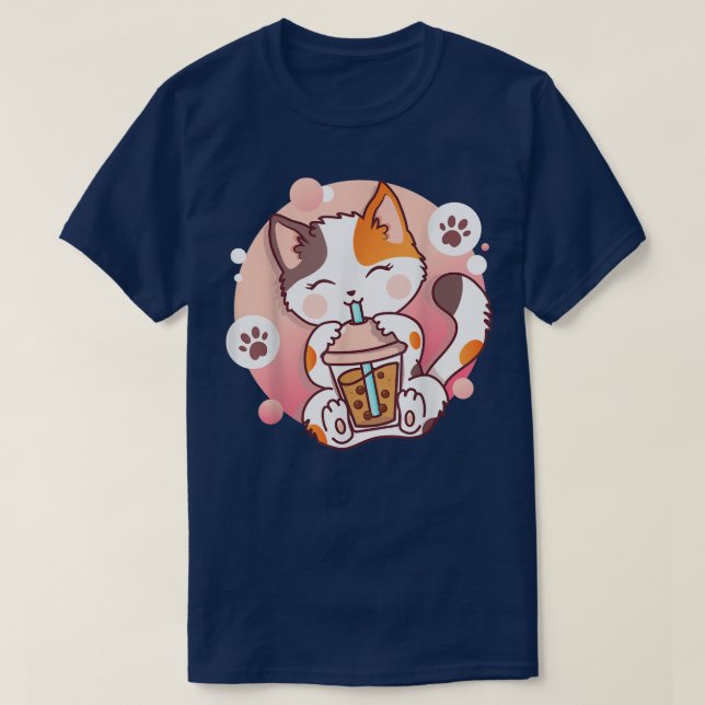 Camiseta Cat Boba Tea Bubble Tea Anime Kawaii Neko (Frente do Design)