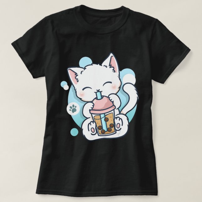 Camiseta Cat Boba Tea Bubble Tea Kawaii Anime Japonês Neko (Frente do Design)