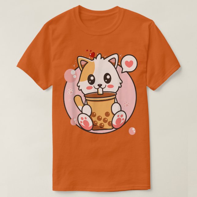 Camiseta Cat Boba Tea Bubble Tea Kawaii Anime Japonesa (Frente do Design)