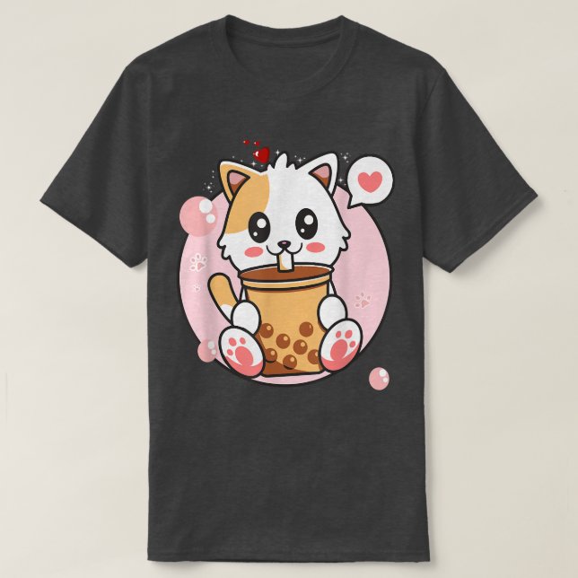Camiseta Cat Boba Tea Bubble Tea Kawaii Anime Japonesa (Frente do Design)