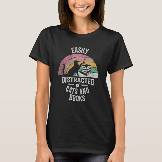 Camiseta Cat Book Retro Easily Distracted by Cats And Books (Frente)