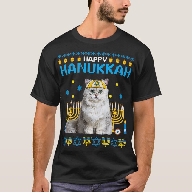 Camiseta Cat Chanukah Jewish Ugly Hanukkah Sweater Pajama  (Frente)