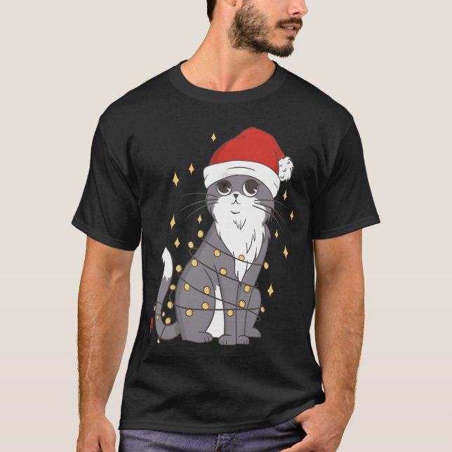 Camiseta Cat Christmas Hat Christmas Lights Cat Natal v (Frente)