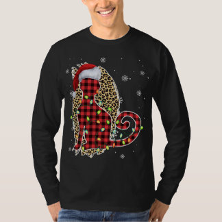 Camiseta Cat Christmas Lepard Buffalo Xadrez Red Santa Hat