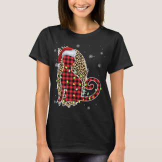 Camiseta Cat Christmas Lepard Buffalo Xadrez Red Santa Hat