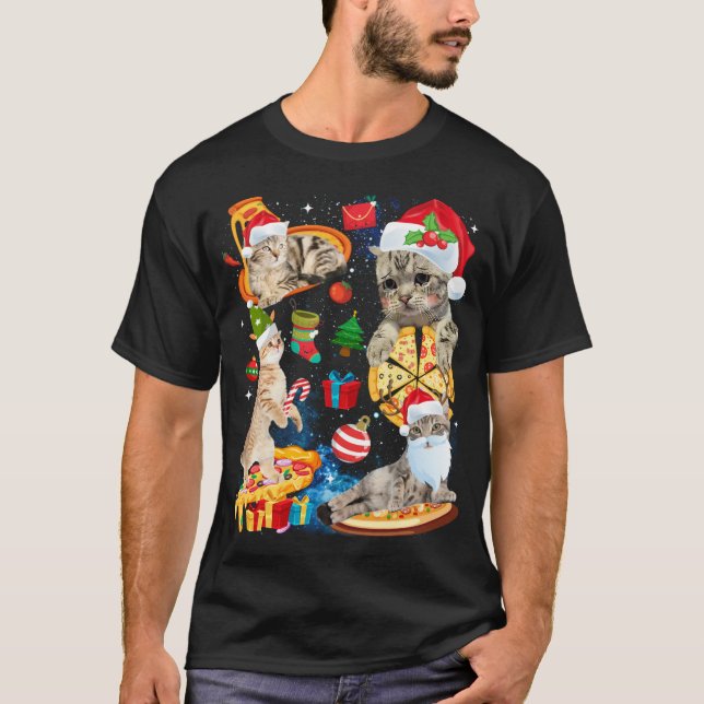 Camiseta Cat Christmas Pizza Funny Cats Santa Hat Xm (Frente)