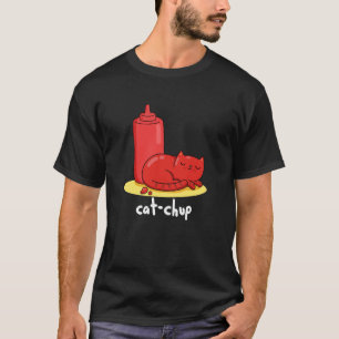 Camiseta Cat Chup Engraçado Red Ketchup Cat Pun Dark BG