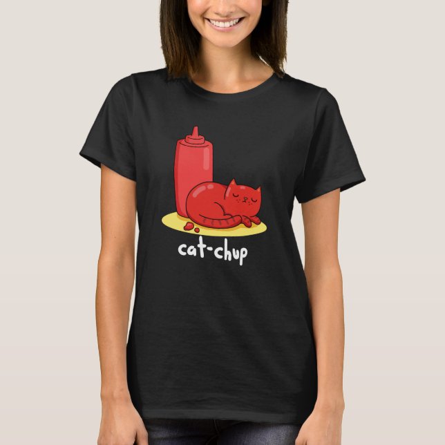 Camiseta Cat Chup Engraçado Red Ketchup Cat Pun Dark BG (Frente)