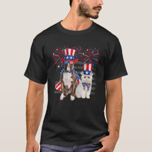 Camiseta Cat com Bull Terrier Óculos Sunglass Bandeira Amer