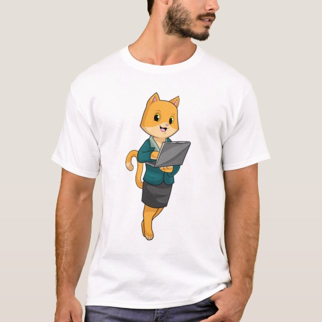 Camiseta Cat como Secretário com Laptop (Frente)