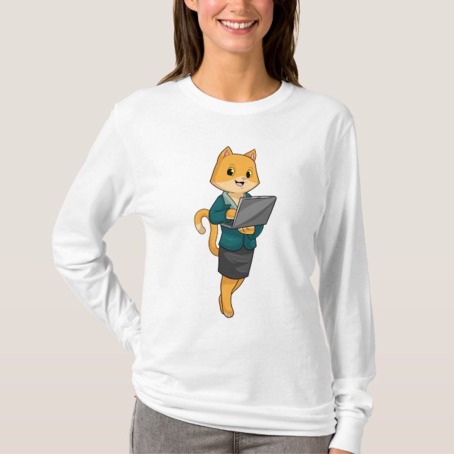 Camiseta Cat como Secretário com Laptop (Frente)