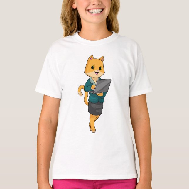 Camiseta Cat como Secretário com Laptop (Frente)