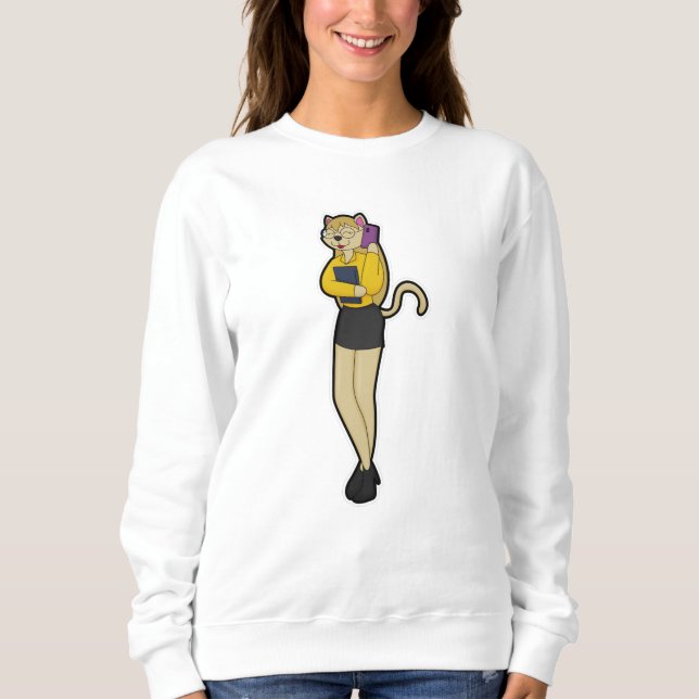 Camiseta Cat como Secretário com Laptop e telefone celular (Frente)