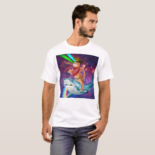 Camiseta Cat Cowboy cavalgando um tubarão lançando um arco-
