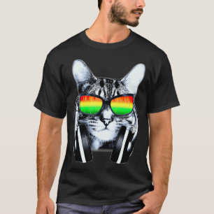 Camiseta Cat DJ Com Óculos De Sol E Fones de ouvido Músic