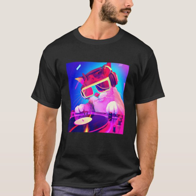 Camiseta Cat DJ Vaporwave Aestética Men Meninas A (Frente)