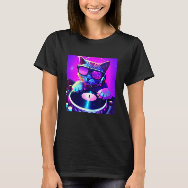 Camiseta Cat DJ Vaporwave Aestética Men Meninas A (Frente)