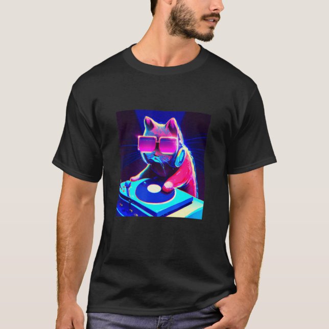 Camiseta Cat DJ Vaporwave Aestética Men Meninas A (Frente)