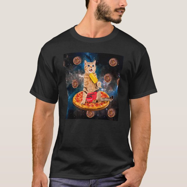 Camiseta Cat Donut Riding Pizza Eating Ice Cream Galaxy Spa (Frente)