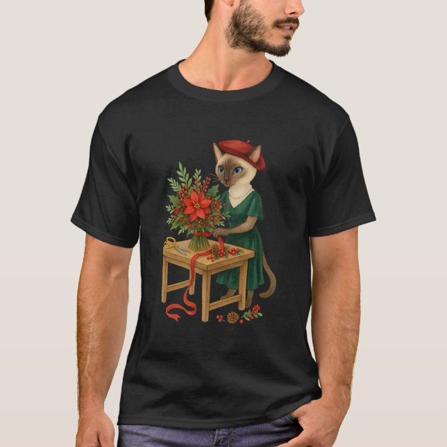 Camiseta Cat Florist arranjando flores para o Natal (Frente)