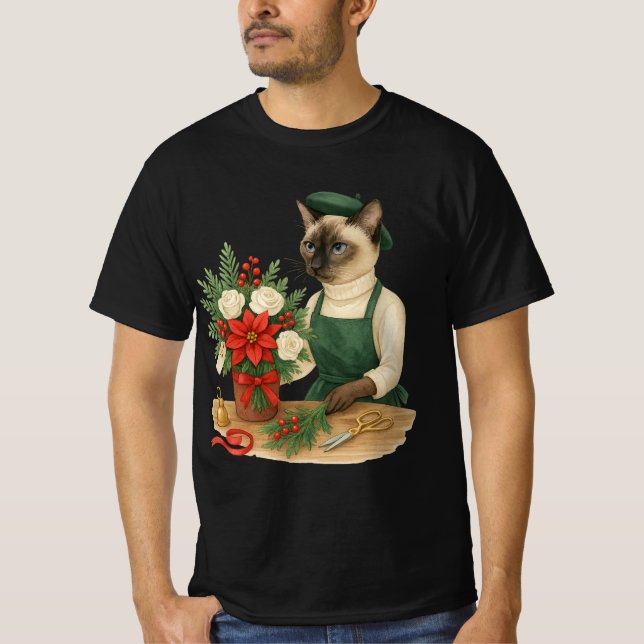 Camiseta Cat Florist arranjando flores para o Natal (Frente)