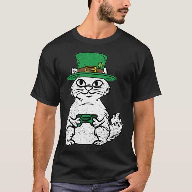 Camiseta Cat Gamer St Patricks Day Funny Video-game Control (Frente)