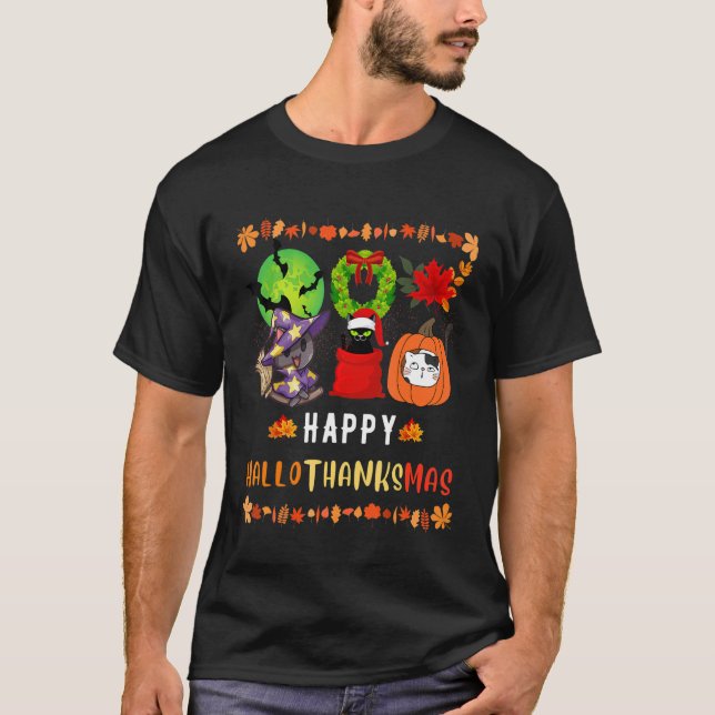 Camiseta Cat Halloween Christmas Happy Hallothanksmas Thank (Frente)