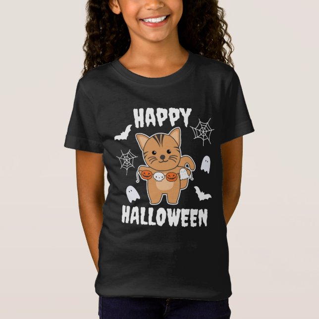 Camiseta Cat Happy Halloween Pumpkin Bat Costume (Frente)