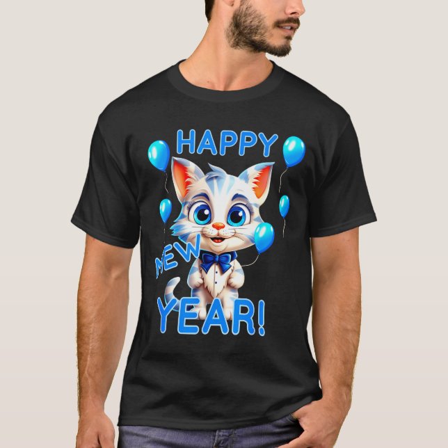 Camiseta Cat Happy New Year Mew Year Funny New Years Party  (Frente)