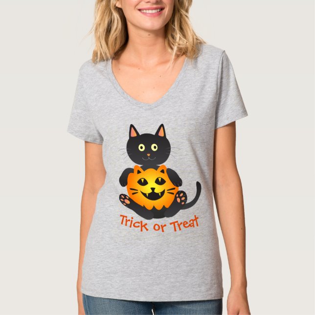 Camiseta Cat Holding Jack-o-Lanterna (Frente)