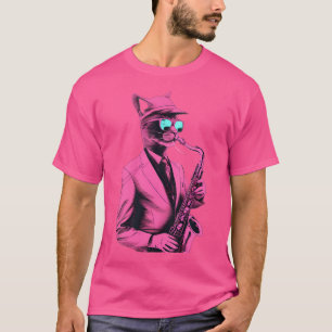 Camiseta Cat Jogando Jazz Na Saxofone