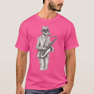 Camiseta Cat Jogando Jazz Na Saxofone