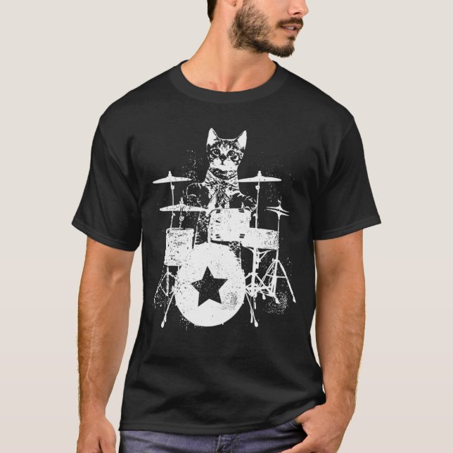 Camiseta Cat Kitten Músico Drummer Toque Conjunto de Tambor (Frente)