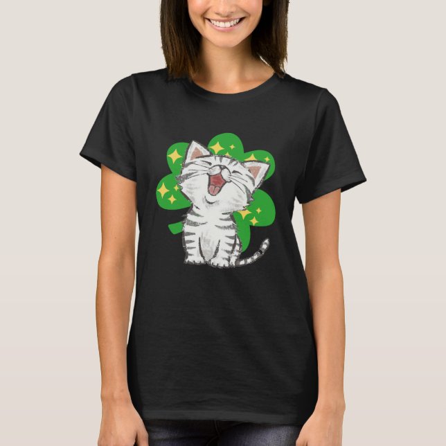 Camiseta Cat Kitten Shamrock Lucky St Patricks Day (Frente)