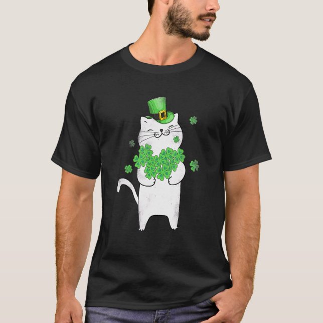 Camiseta Cat Leprechaun Cat Shamrock Dia de São Patrício 2 (Frente)