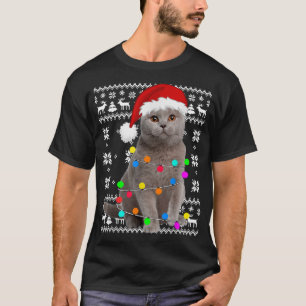Camiseta Cat Lights Ugly Kitten Santa Hat Natal Pajama