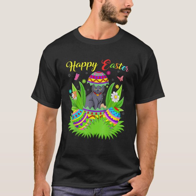 Camiseta Cat Lover Floral Easter Egg Funny Russian Blue Cat (Frente)
