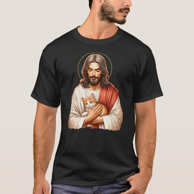 Camiseta Cat Lover, Jesus Holding A Cat, Funny Christian Ar (Frente)