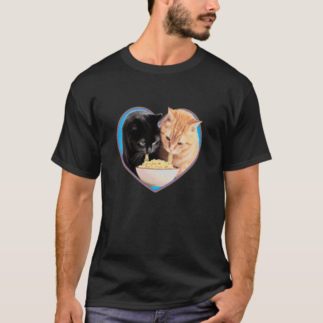 Camiseta Cat Lover Ramen Noodle Heart Black & Orange Kitten (Frente)