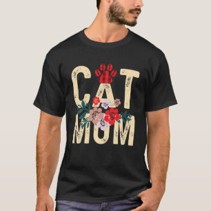 Camiseta Cat Mãe Vintage Flores Vermelhas Xadrez Gato Gatin
