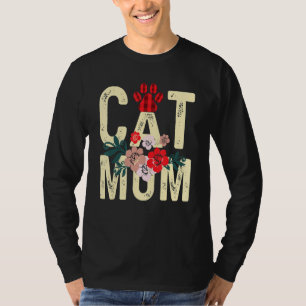 Camiseta Cat Mãe Vintage Flores Vermelhas Xadrez Gato Gatin
