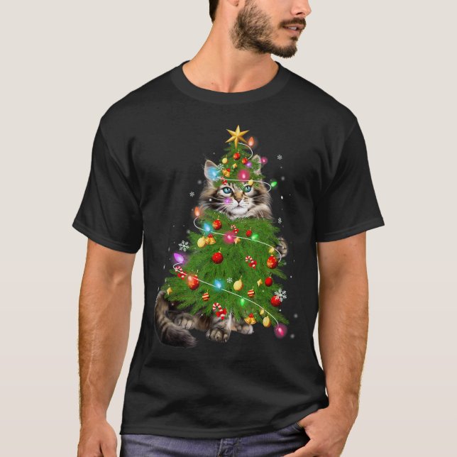 Camiseta Cat Maine Coon Natal Feriado de Árvore X (Frente)