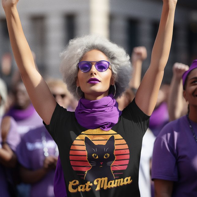 Camiseta Cat Mama Retro Sunset Silhout de um Gato Negro (Criador carregado)