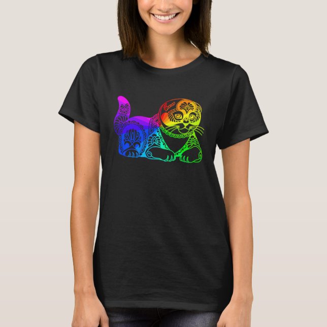 Camiseta Cat Mandala Rainbow Kitty Geometric Yoga Meditatio (Frente)