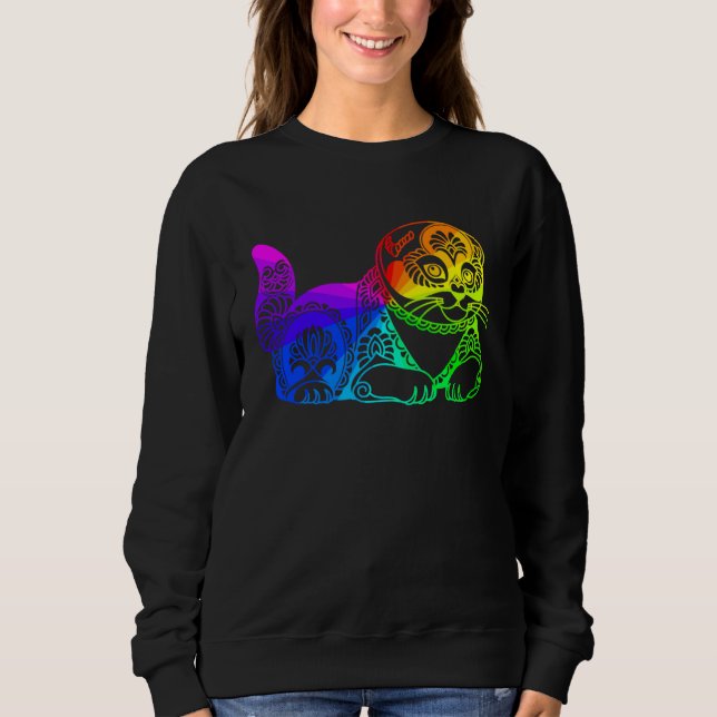 Camiseta Cat Mandala Rainbow Kitty Geometric Yoga Meditatio (Frente)