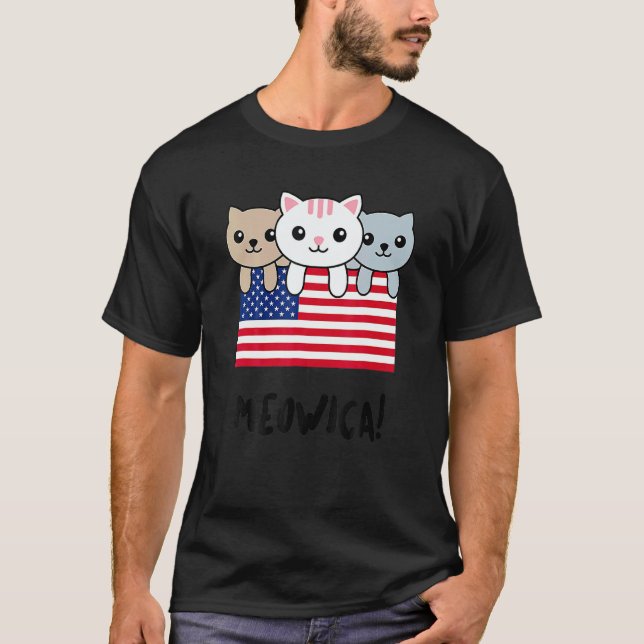 Camiseta Cat Meowica Independence Day Patriot USA Flag (Frente)