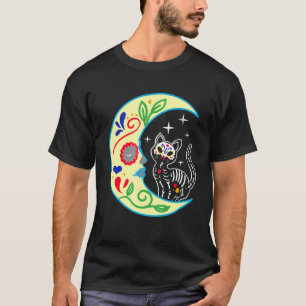 Camiseta Cat Moon Sugar Skull Dia de Los Muertos Dia do Açú
