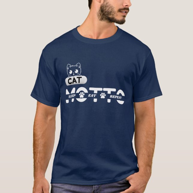 Camiseta "Cat Motto: Dormir, Comer, Repetir" Engraçada Cami (Frente)